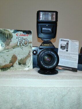 Canon T70 35mm SLR Camera with Extras and TESTED WORKING!